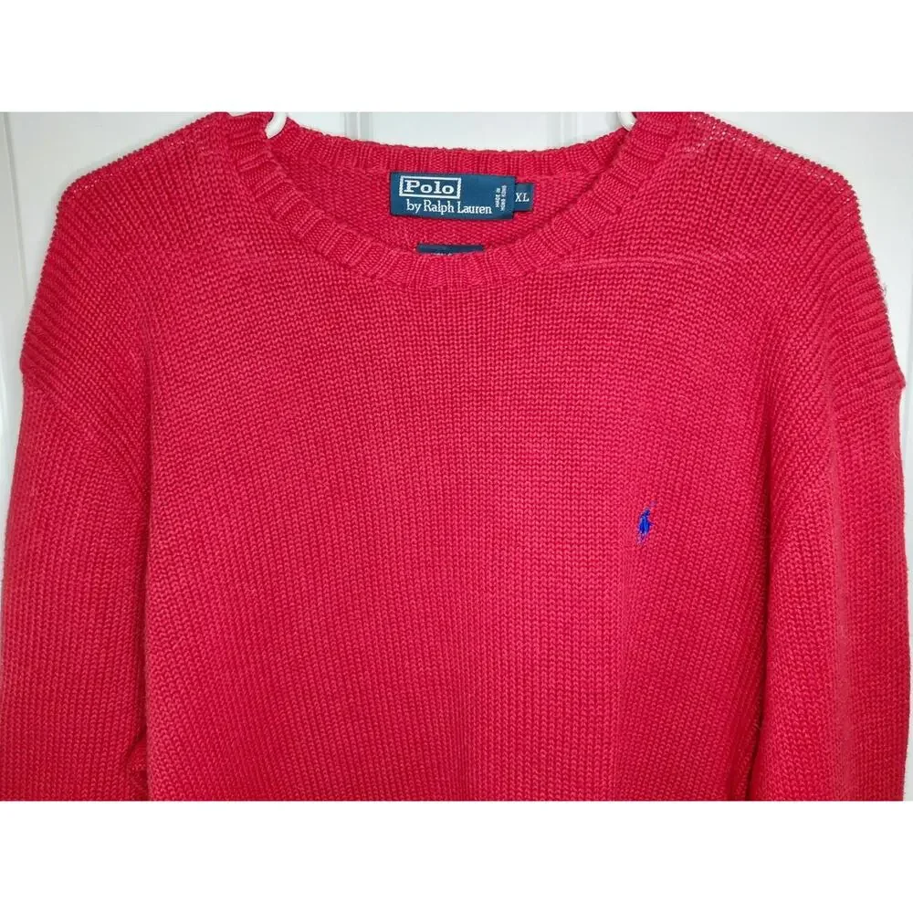Vintage Polo Ralph Lauren Heavy Knit Crewneck Sweater Red Blue Pony Men's XL 90s